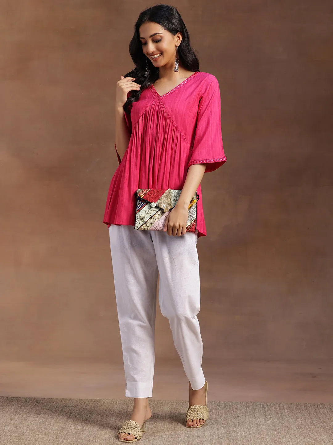  Pink Solid Rayon A-line Kurti 