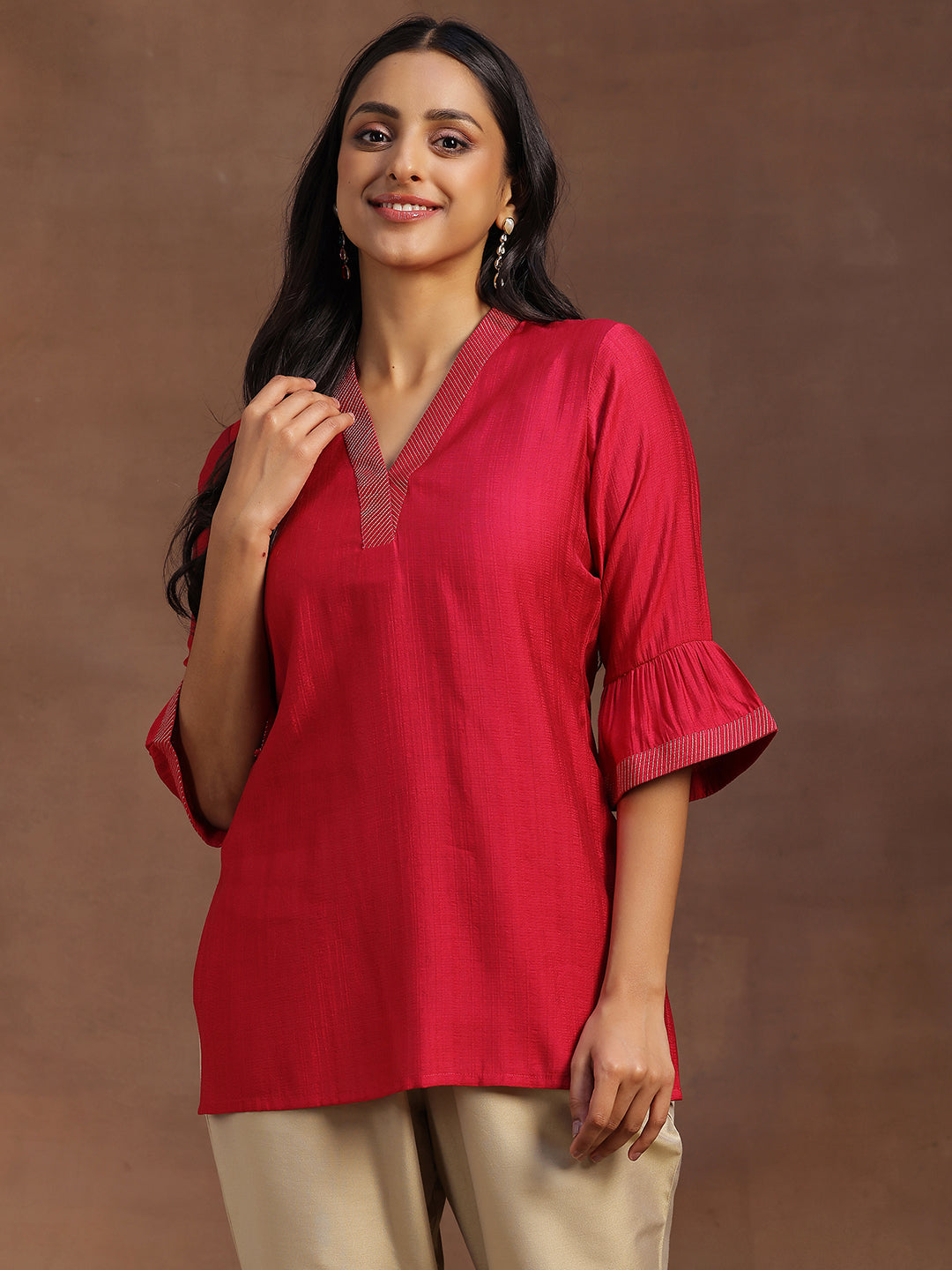  Pink Solid Silk Blend Straight Kurti 