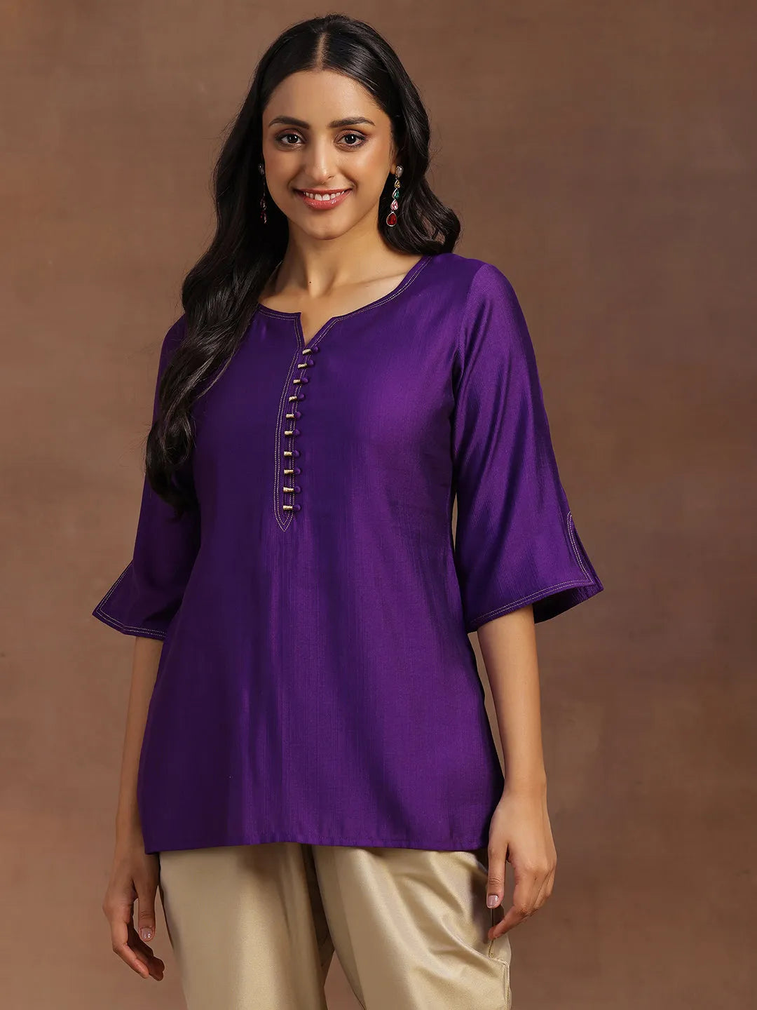 Purple Solid Silk Blend Straight Kurti