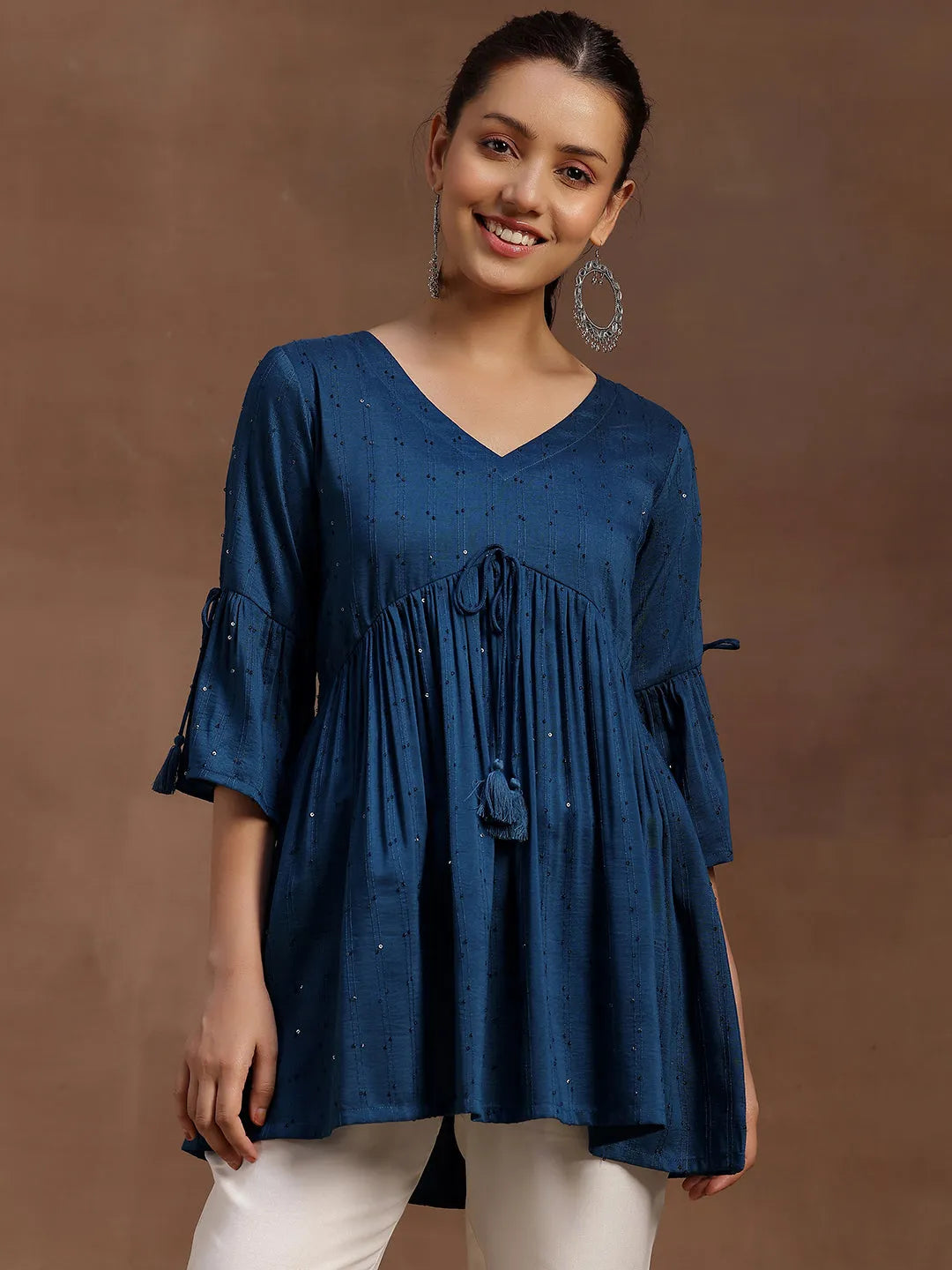 Blue Embellished Silk Blend A-line Kurti