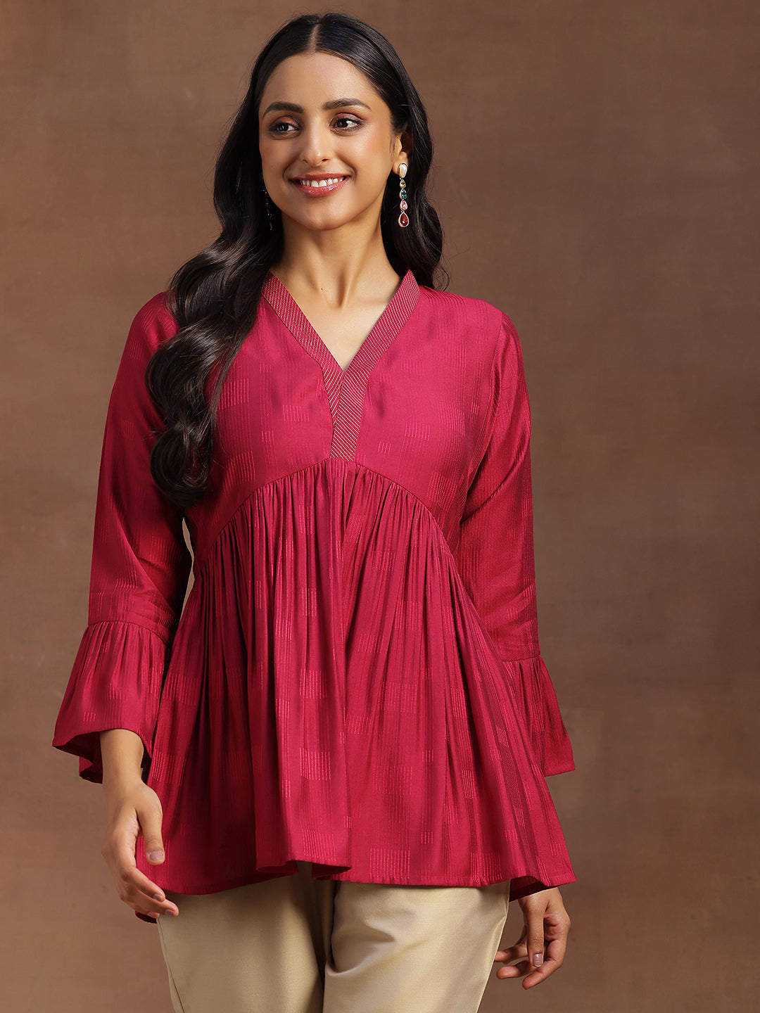  Magenta Woven Design Silk Blend A-line Kurti 