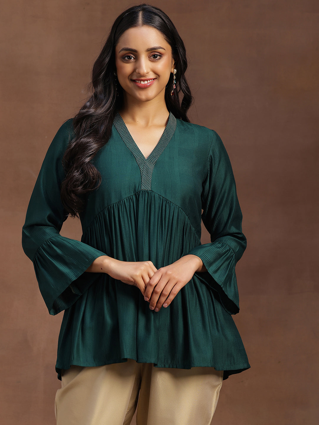  Green Woven Design Silk Blend A-line Kurti 