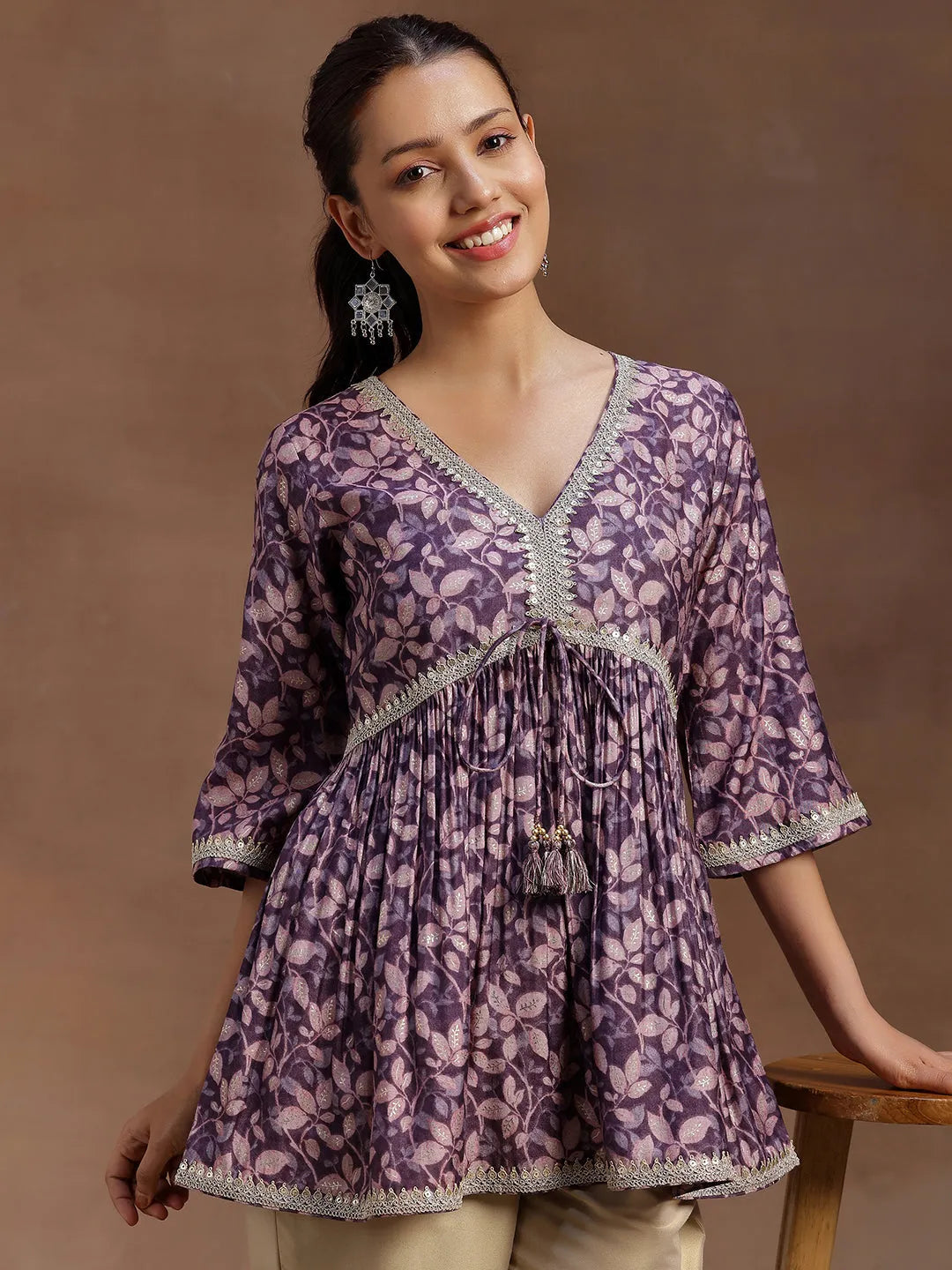  Purple Printed Silk Blend A-line Kurti 