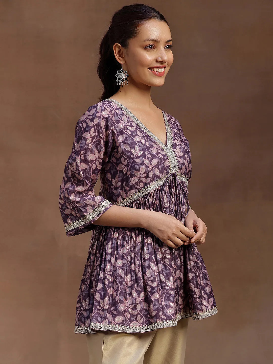  Purple Printed Silk Blend A-line Kurti 