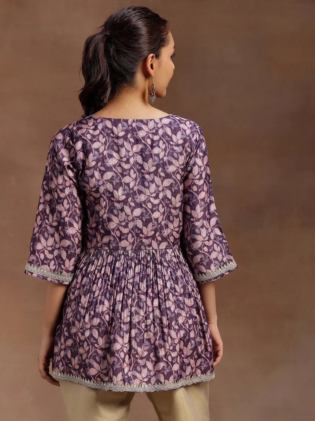  Purple Printed Silk Blend A-line Kurti 