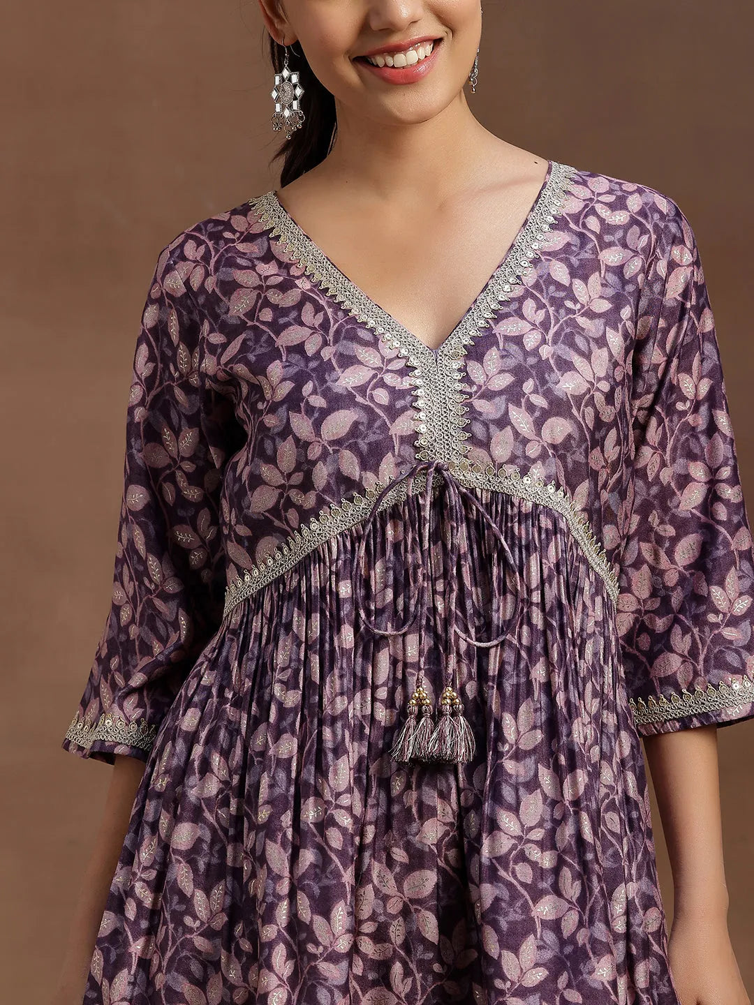  Purple Printed Silk Blend A-line Kurti 