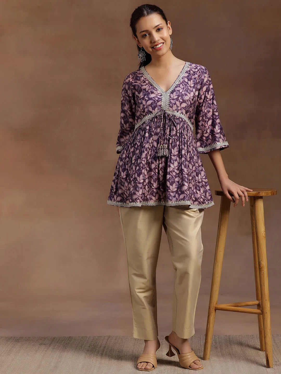  Purple Printed Silk Blend A-line Kurti 