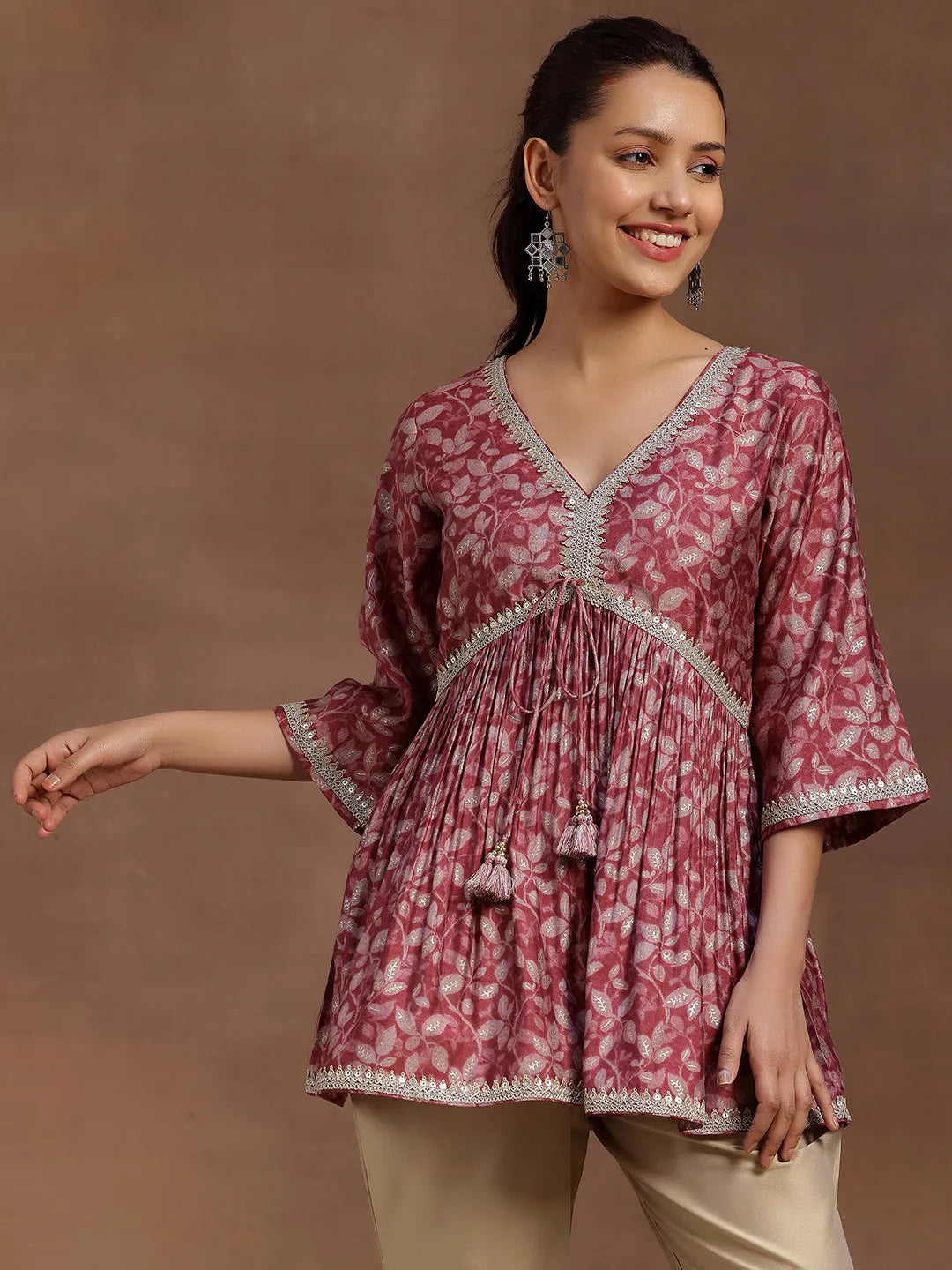  Pink Printed Silk Blend A-line Kurti 