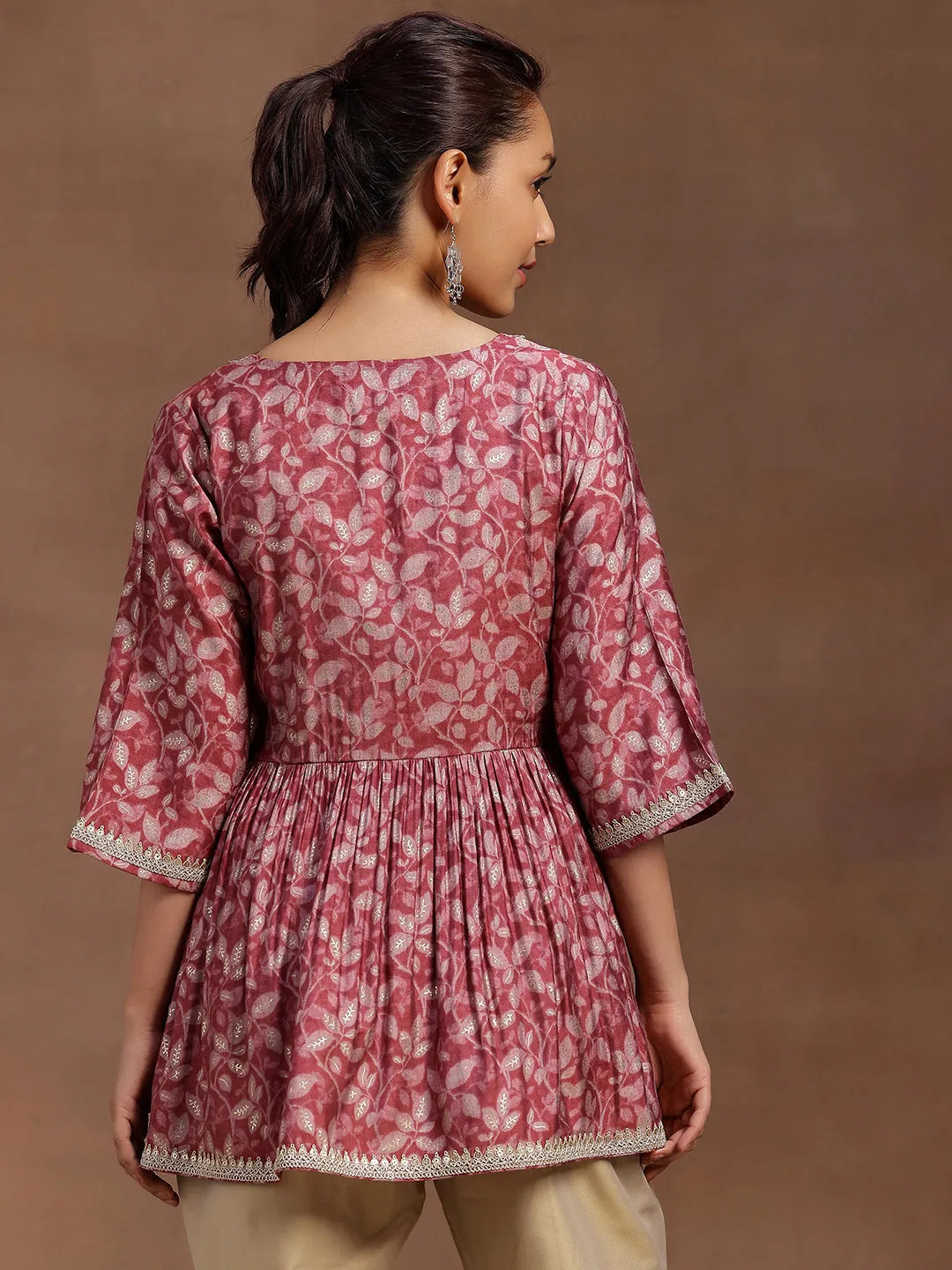  Pink Printed Silk Blend A-line Kurti 