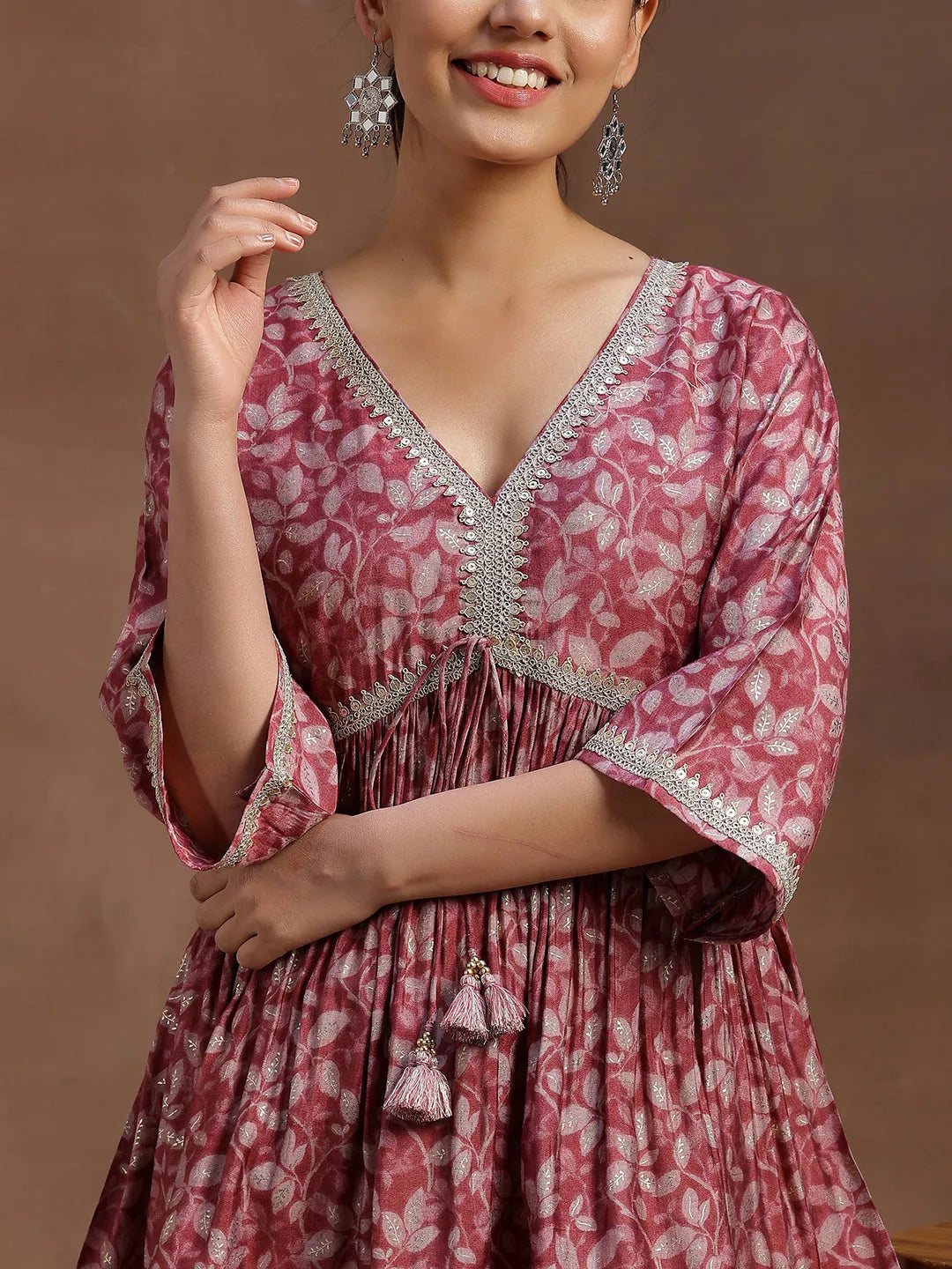  Pink Printed Silk Blend A-line Kurti 