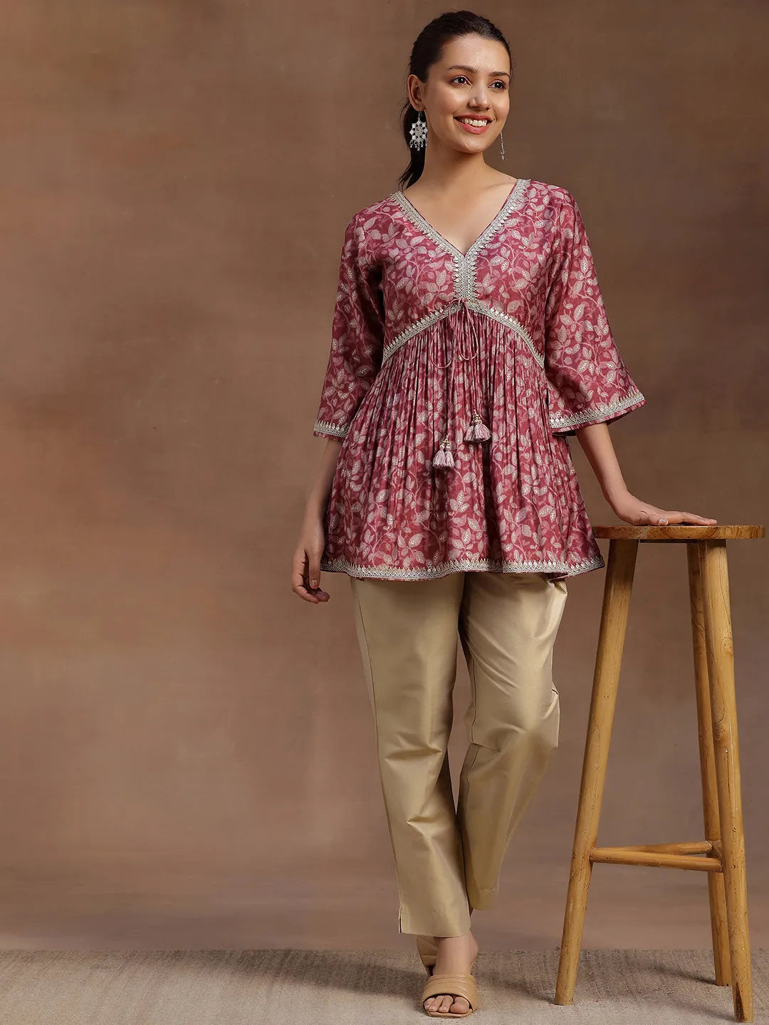  Pink Printed Silk Blend A-line Kurti 