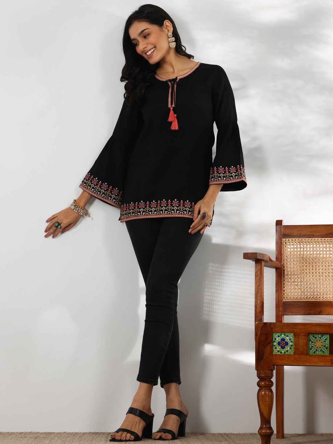 Black Embroidered Silk Blend Straight Kurti