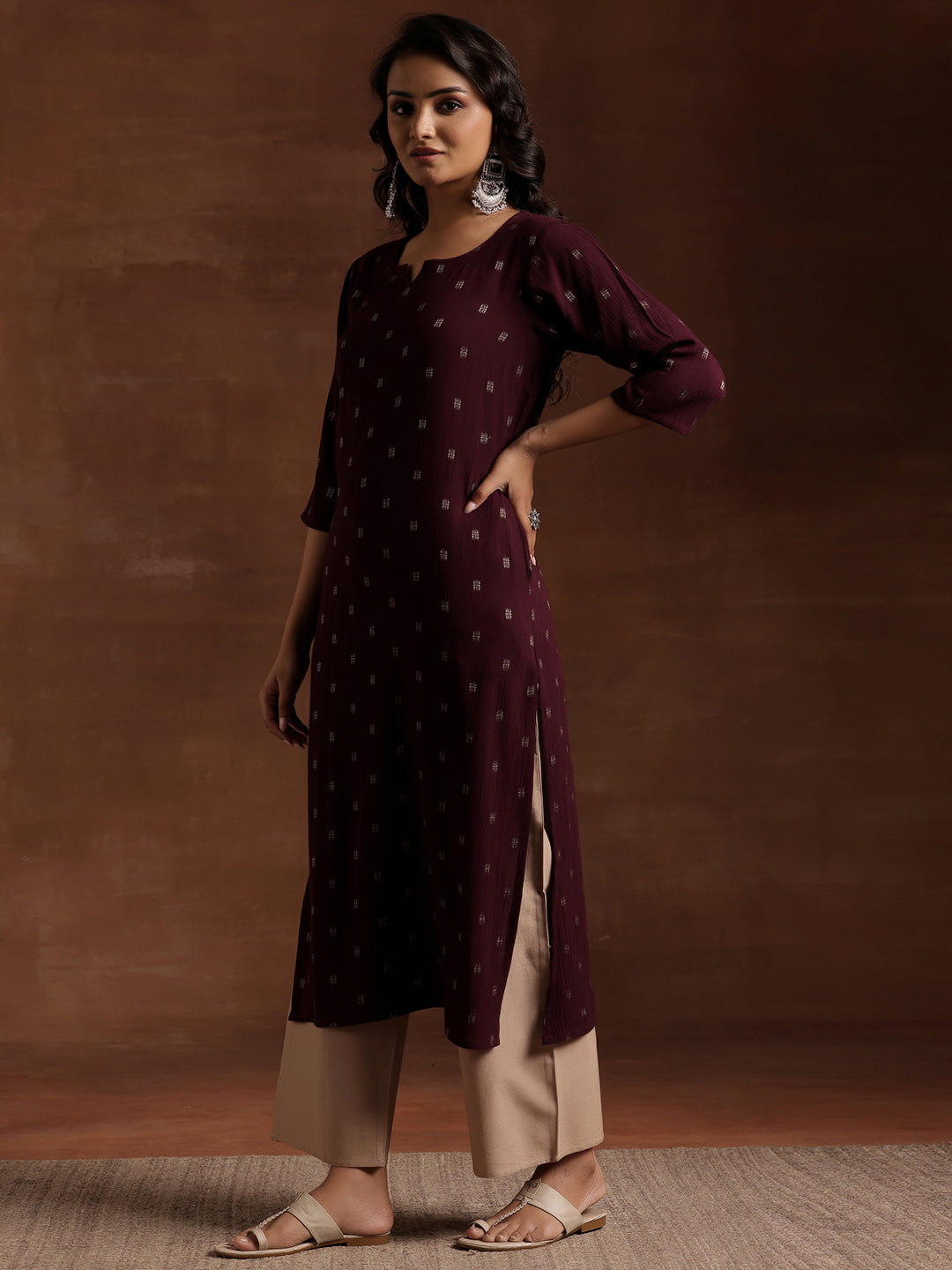  Wine Woven Design Cotton Straight Kurta 