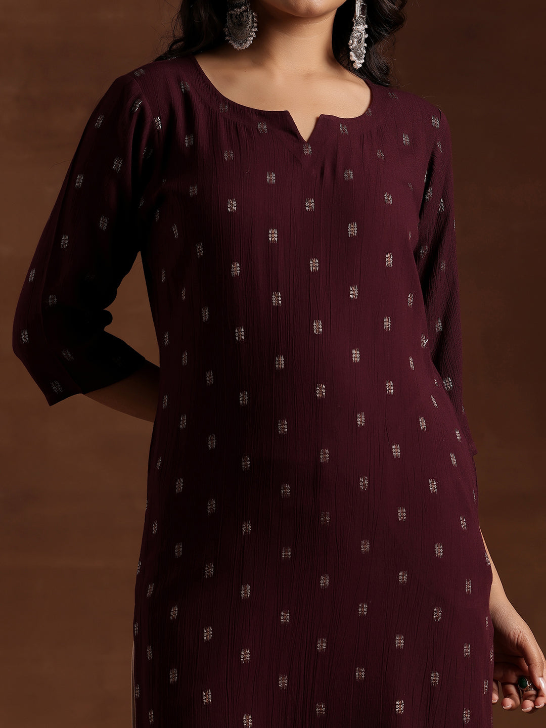  Wine Woven Design Cotton Straight Kurta 