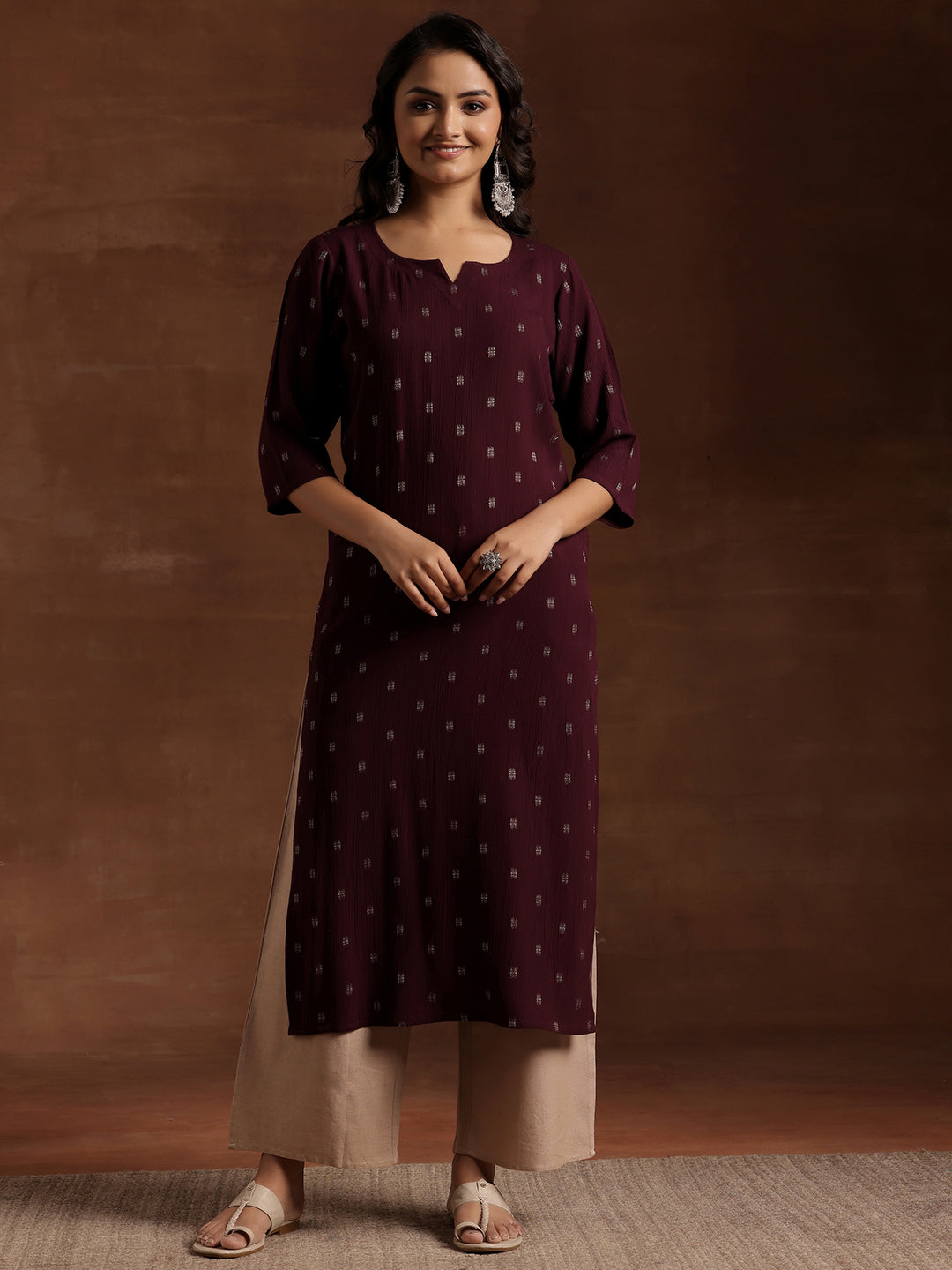  Wine Woven Design Cotton Straight Kurta 