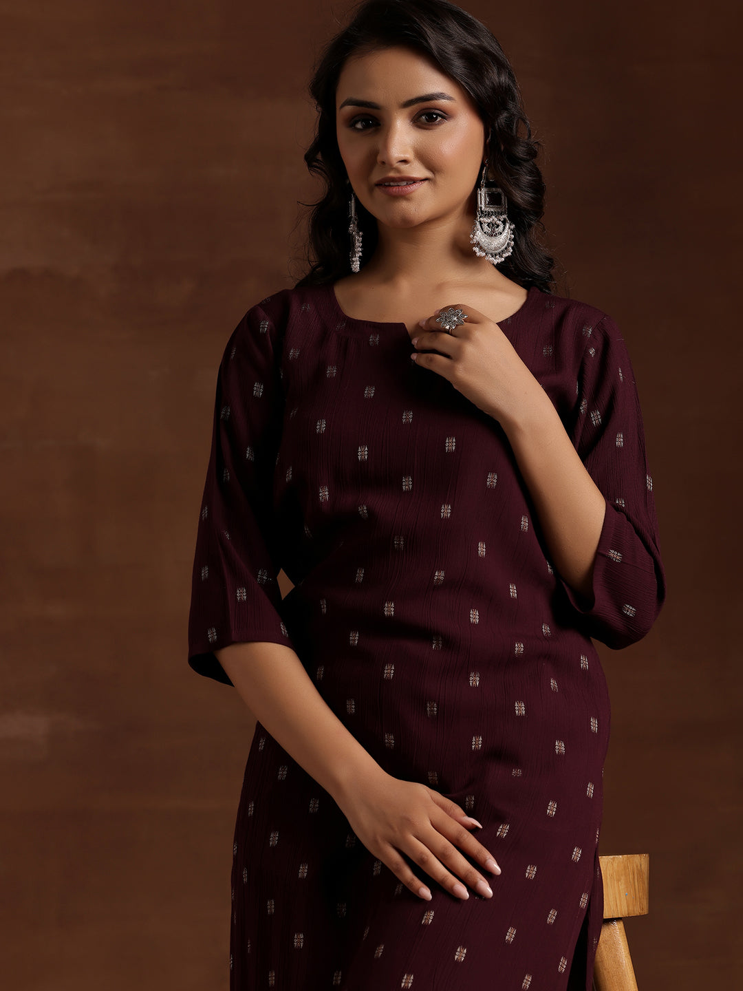  Wine Woven Design Cotton Straight Kurta 