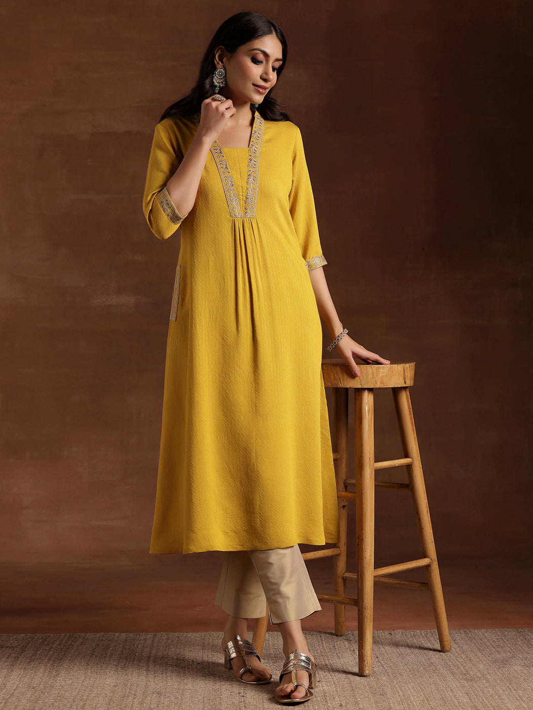  Yellow Yoke Design Silk A-Line Kurta 