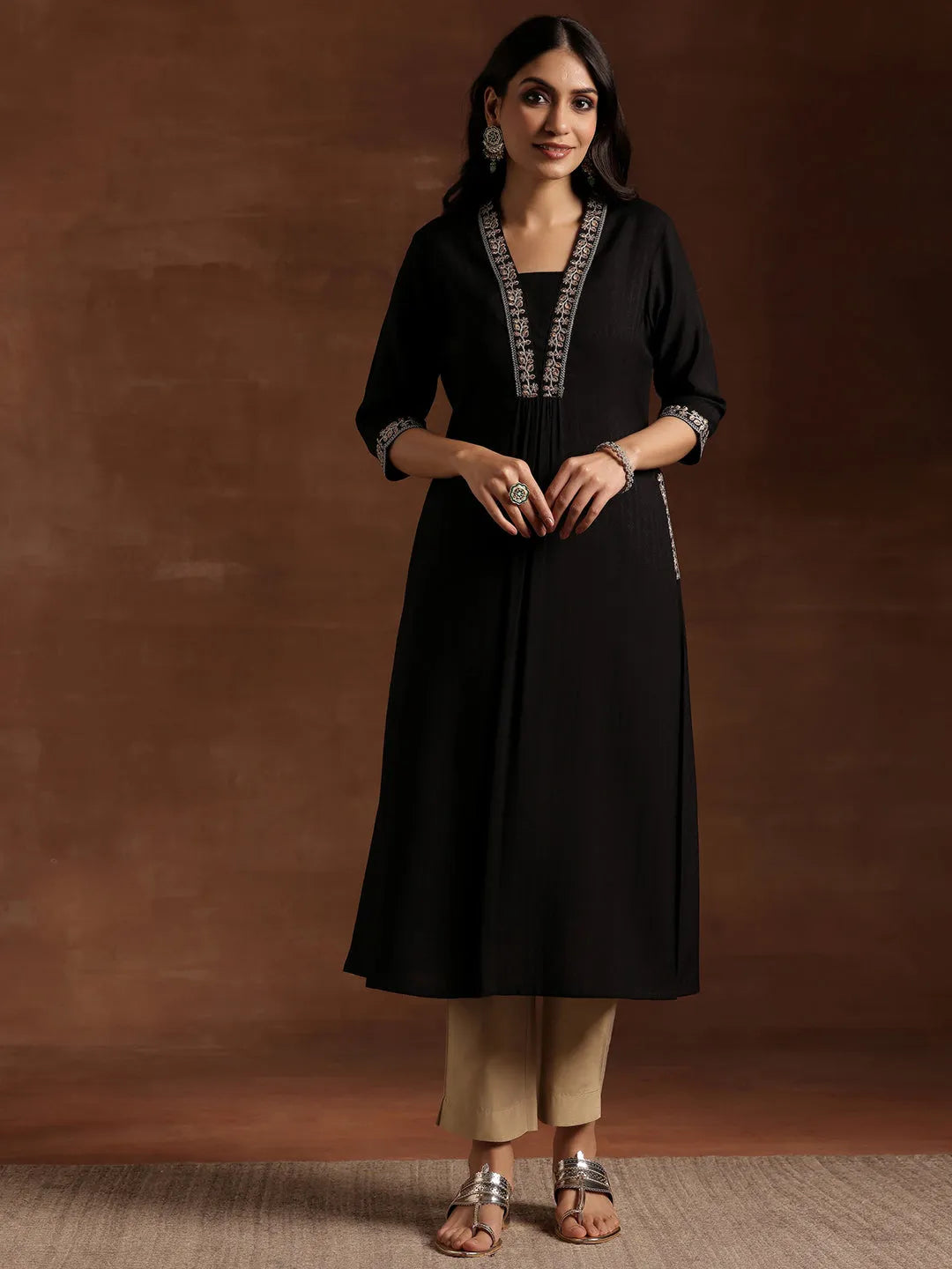 Black Yoke Design Silk A-Line Kurta