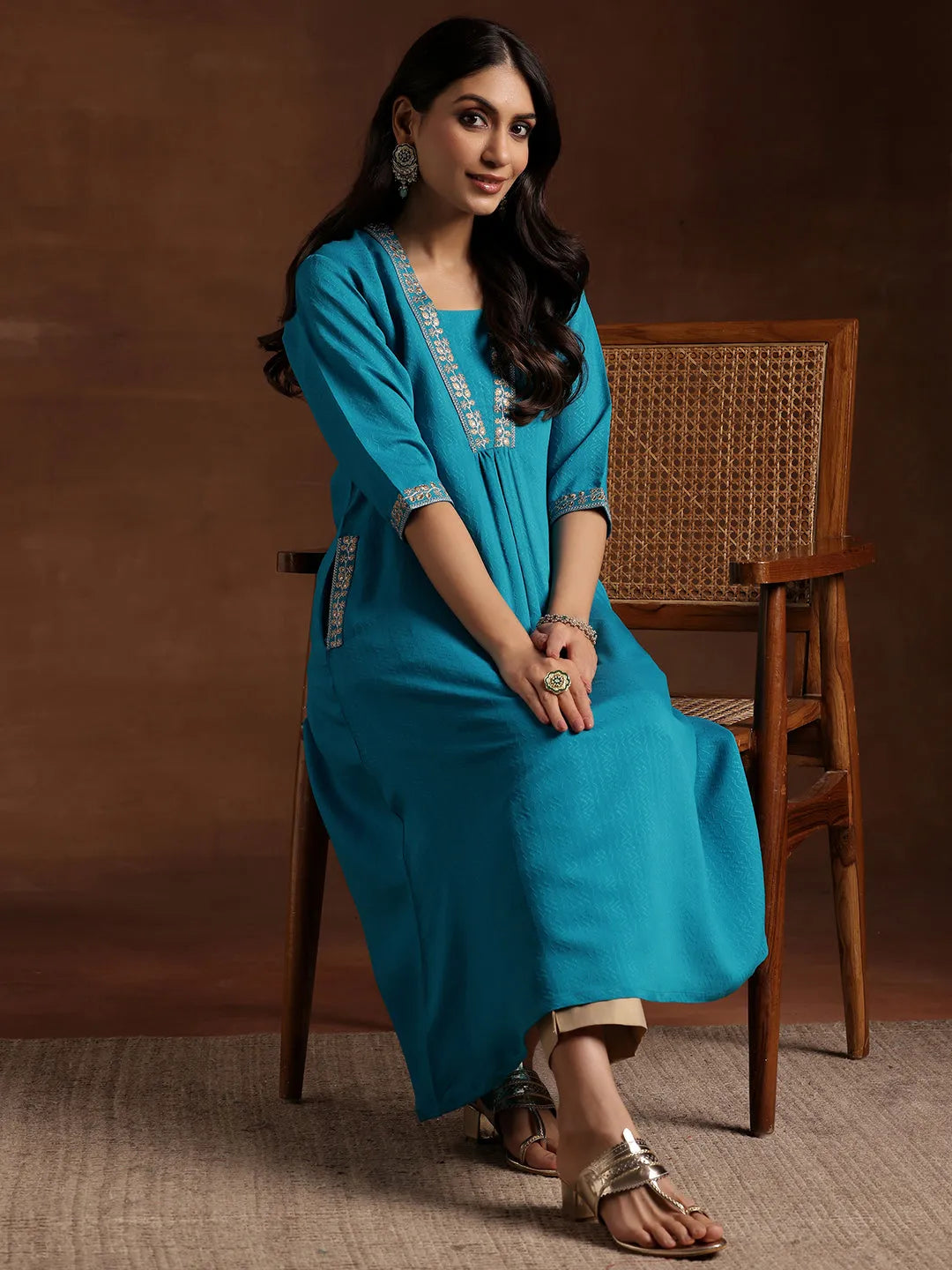  Blue Yoke Design Silk A-Line Kurta 