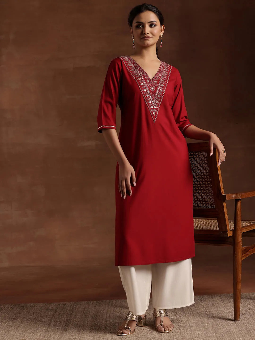 Maroon Yoke Design Rayon A-Line Kurta