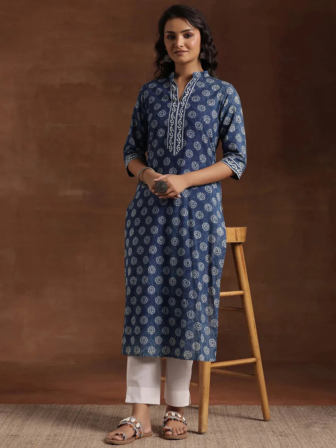  Indigo Printed Cotton Straight Kurta 