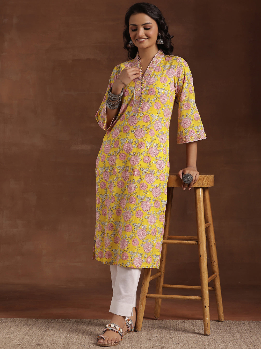 Yellow Printed Cotton Straight Kurta