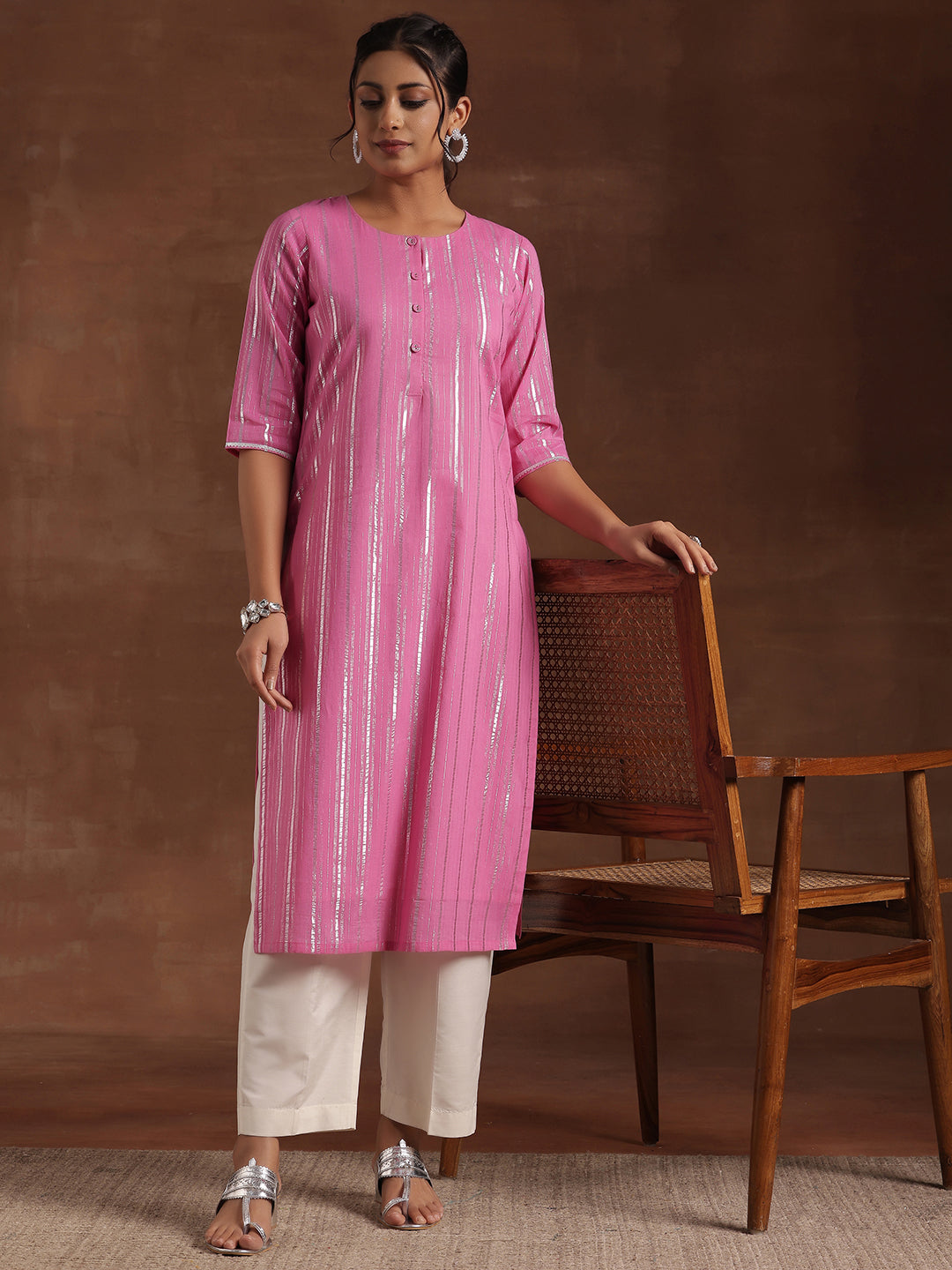  Pink Woven Design Cotton Straight Kurta 