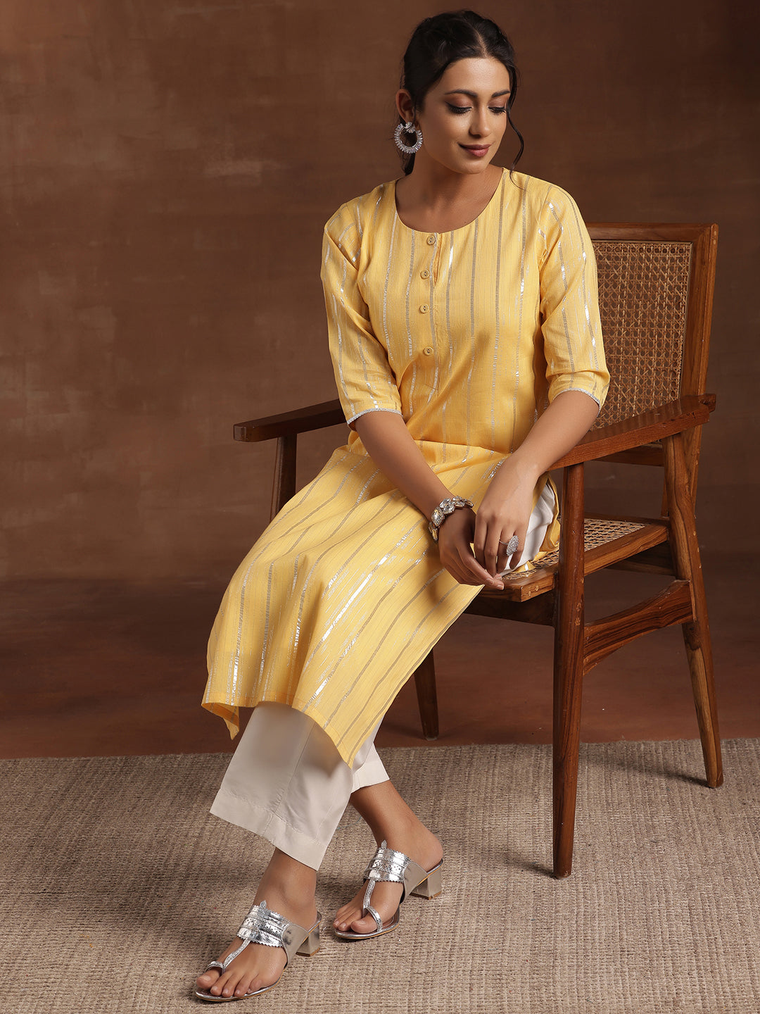  Yellow Woven Design Cotton Straight Kurta 