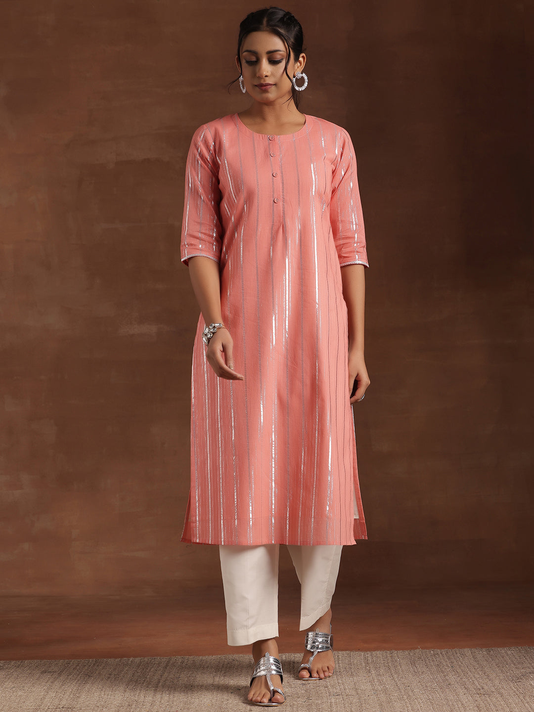  Peach Woven Design Cotton Straight Kurta 