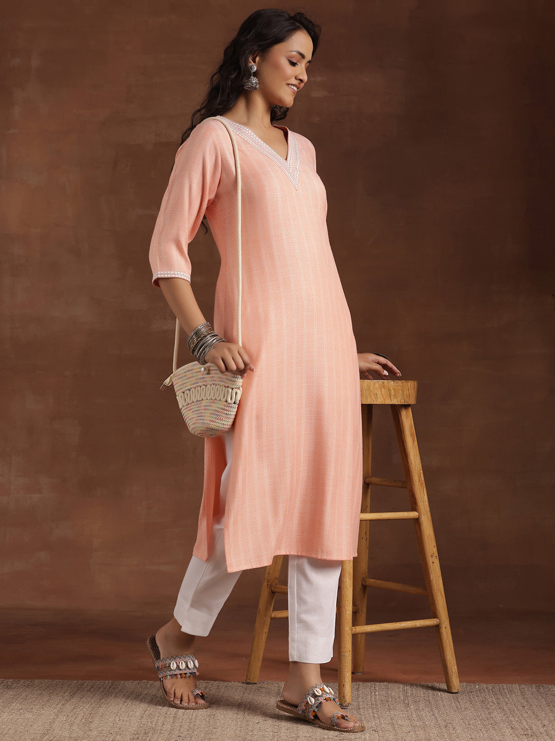  Peach Woven Design Cotton Straight Kurta 