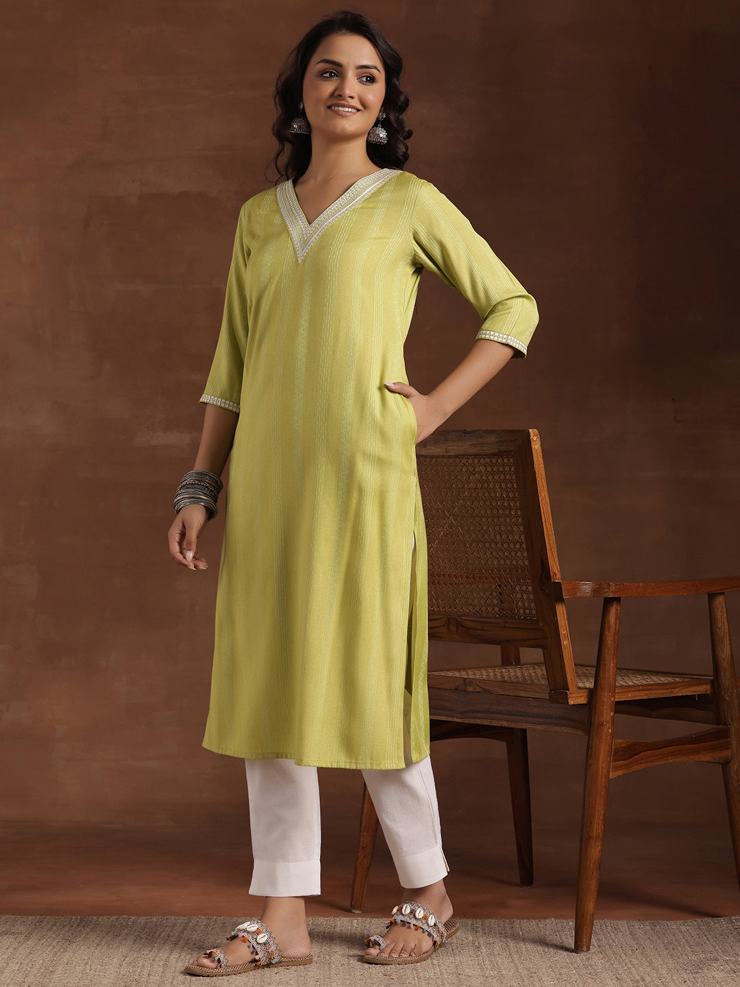  Lime Green Woven Design Cotton Straight Kurta 