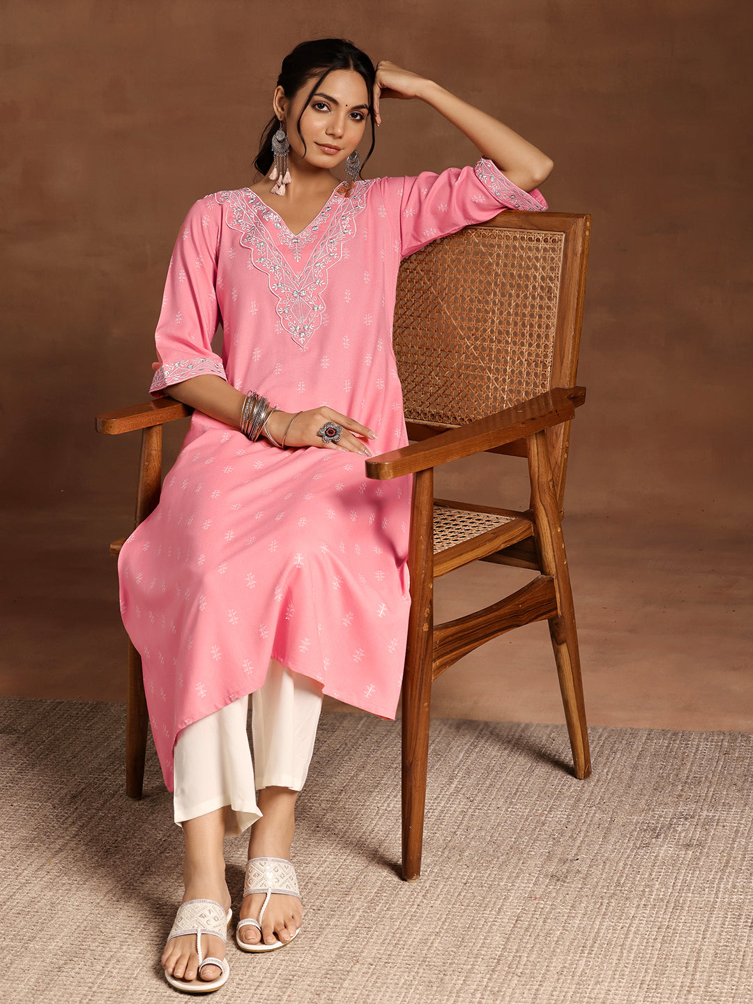  Pink Woven Design Rayon A-Line Kurta 