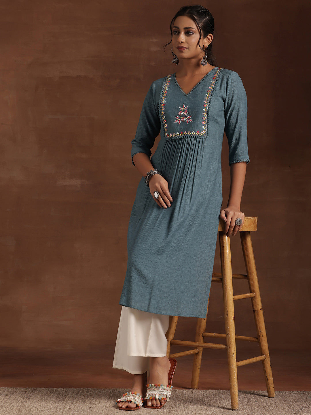  Blue Yoke Design Cotton Straight Kurta 