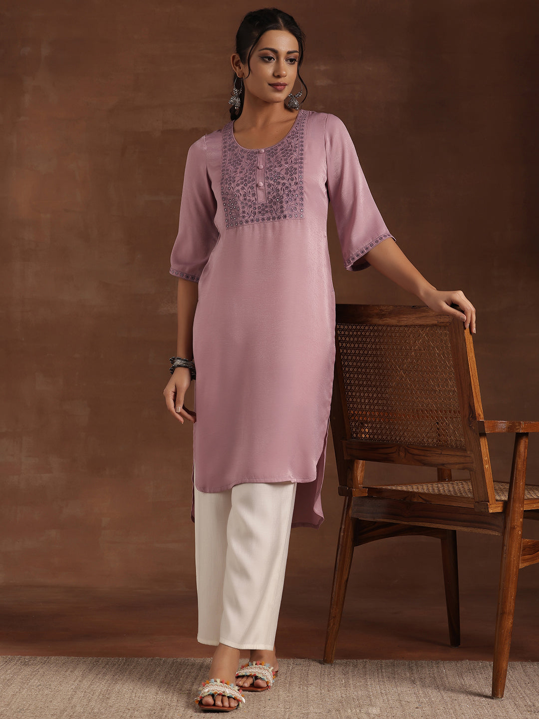  Lavender Yoke Design Polyester Straight Kurta 