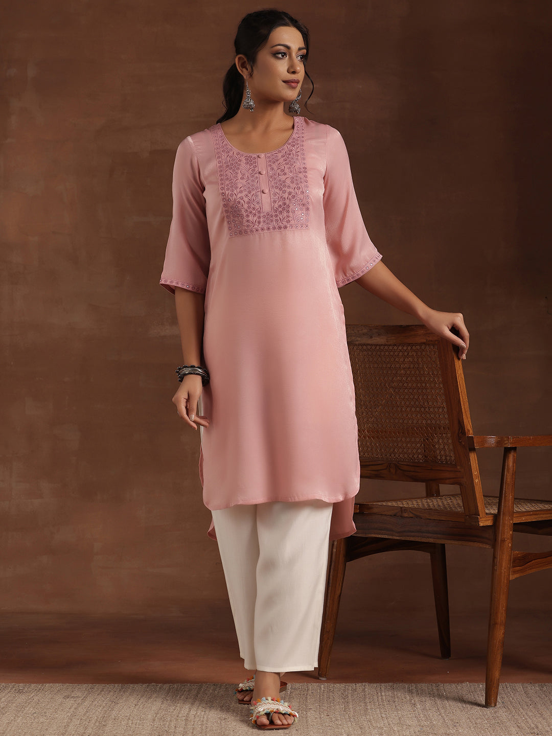 Peach Yoke Design Polyester Straight Kurta