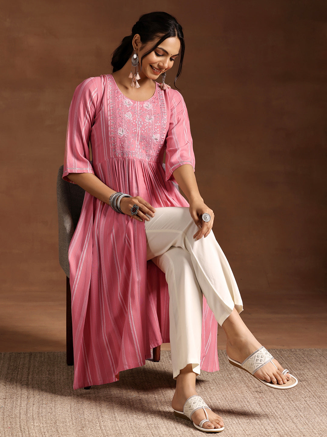  Peach Woven Design Rayon A-Line Kurta 