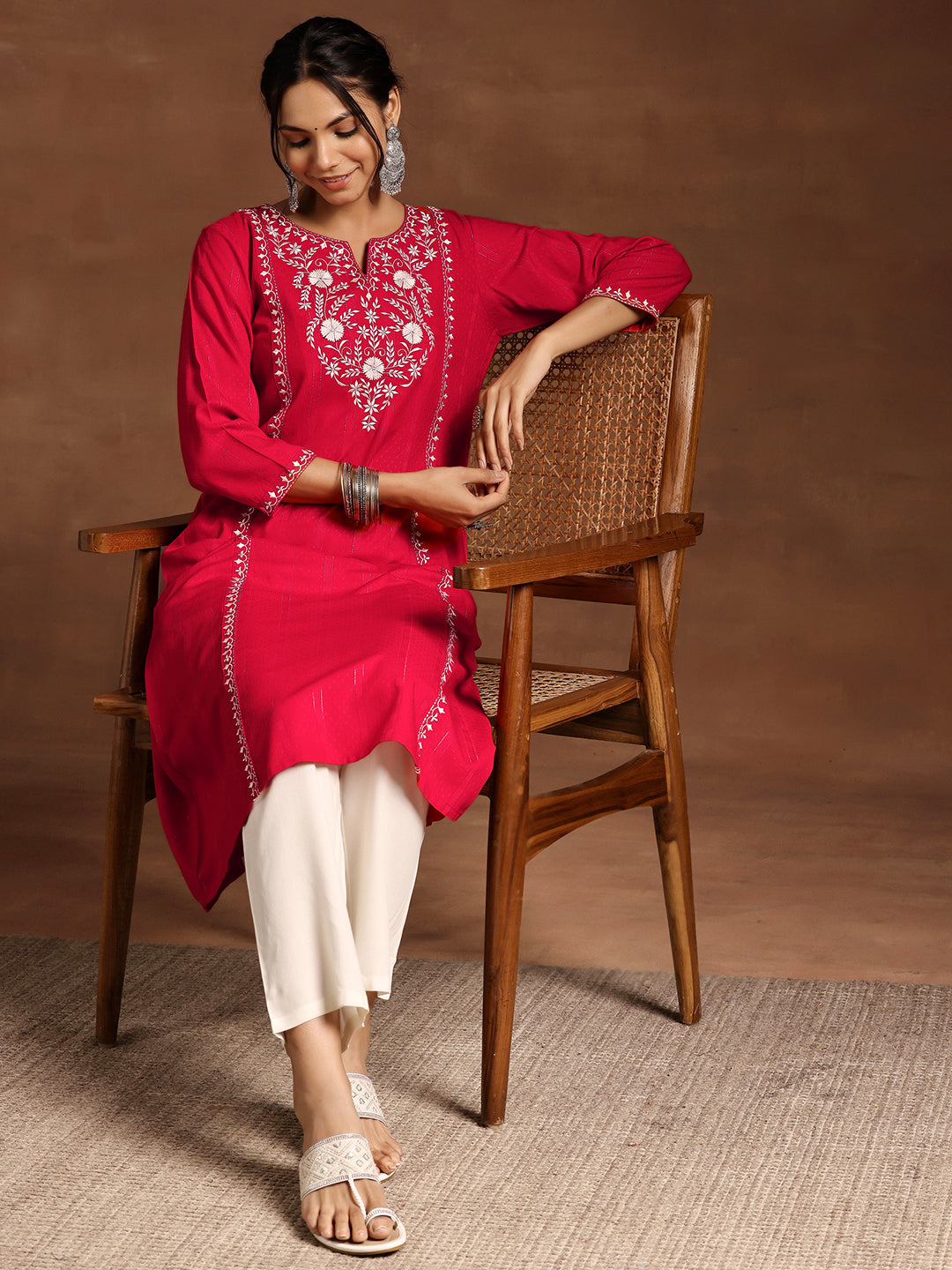 Red Yoke Design Rayon A-Line Kurta