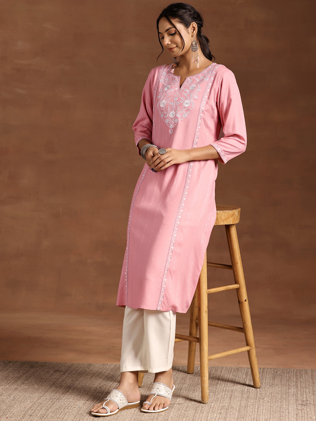  Peach Yoke Design Rayon A-Line Kurta 