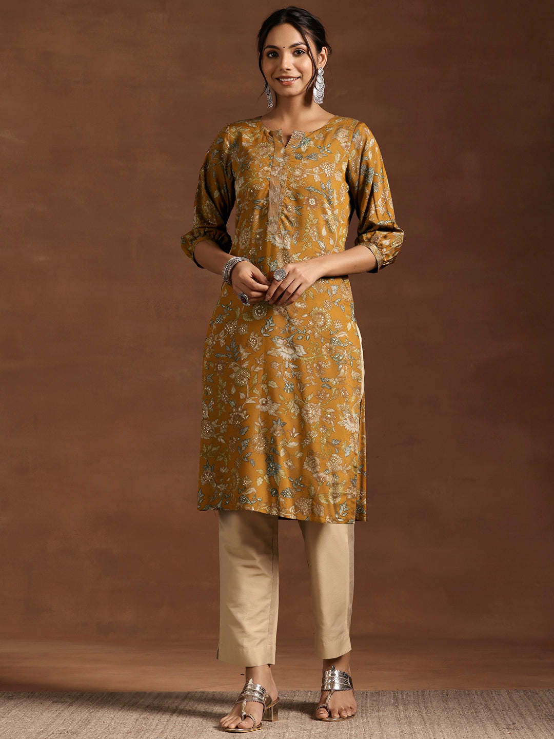 Mustard Printed Silk Straight Kurta