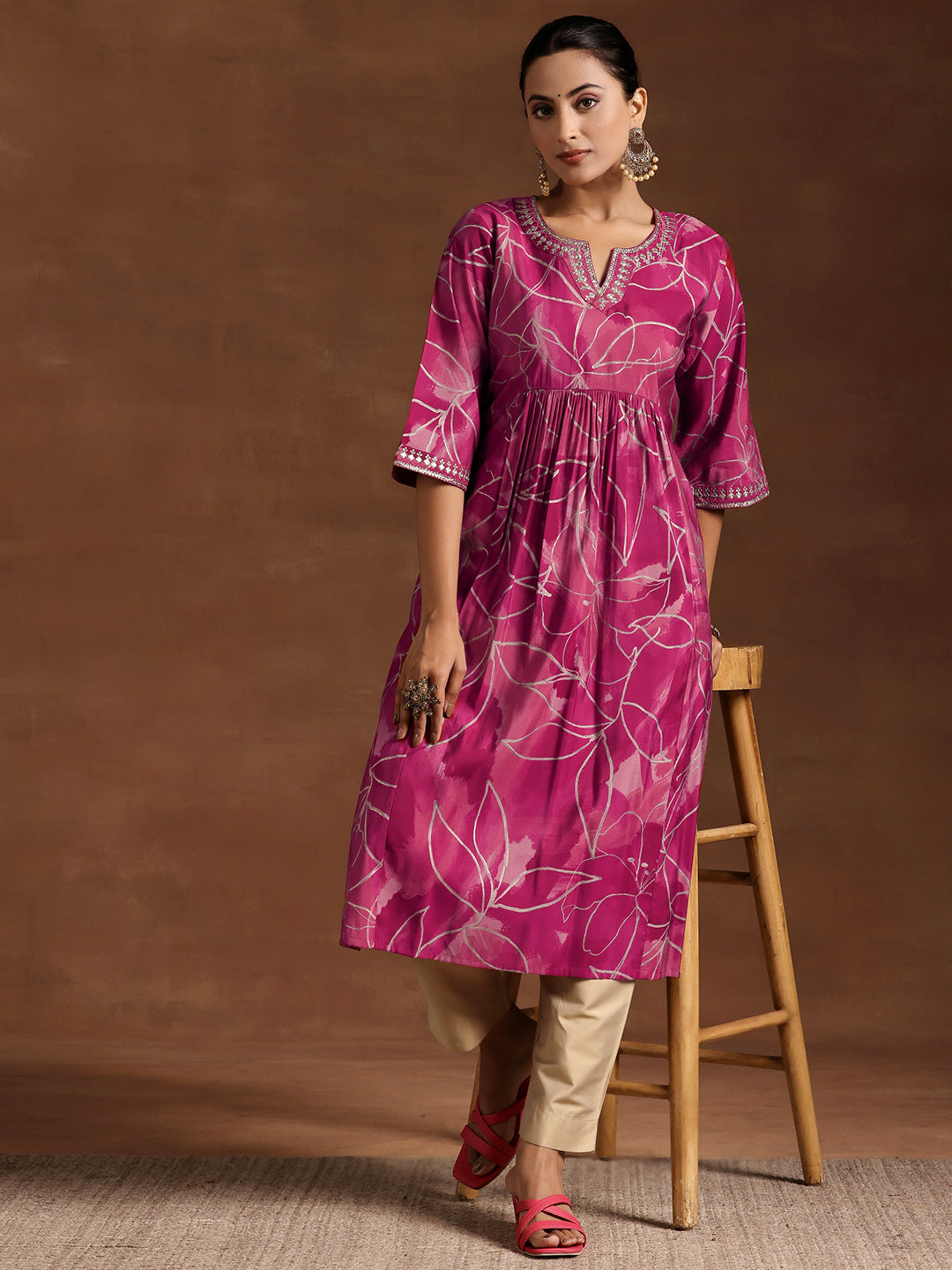  Pink Printed Silk A-Line Kurta 