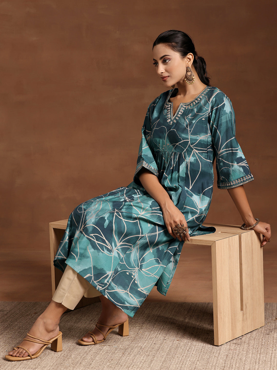  Blue Printed Silk A-Line Kurta 