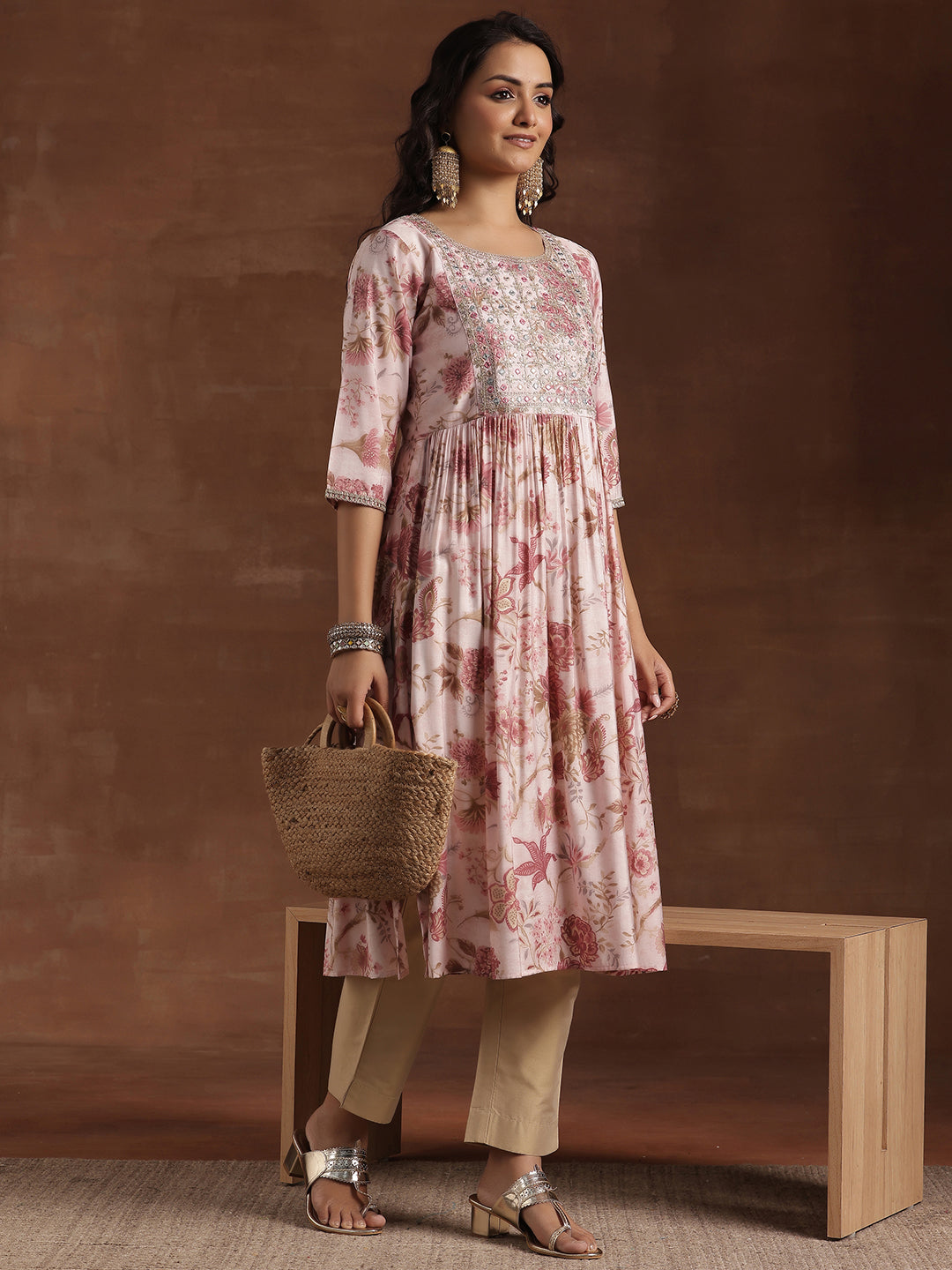  Pink Printed Silk A-Line Kurta 