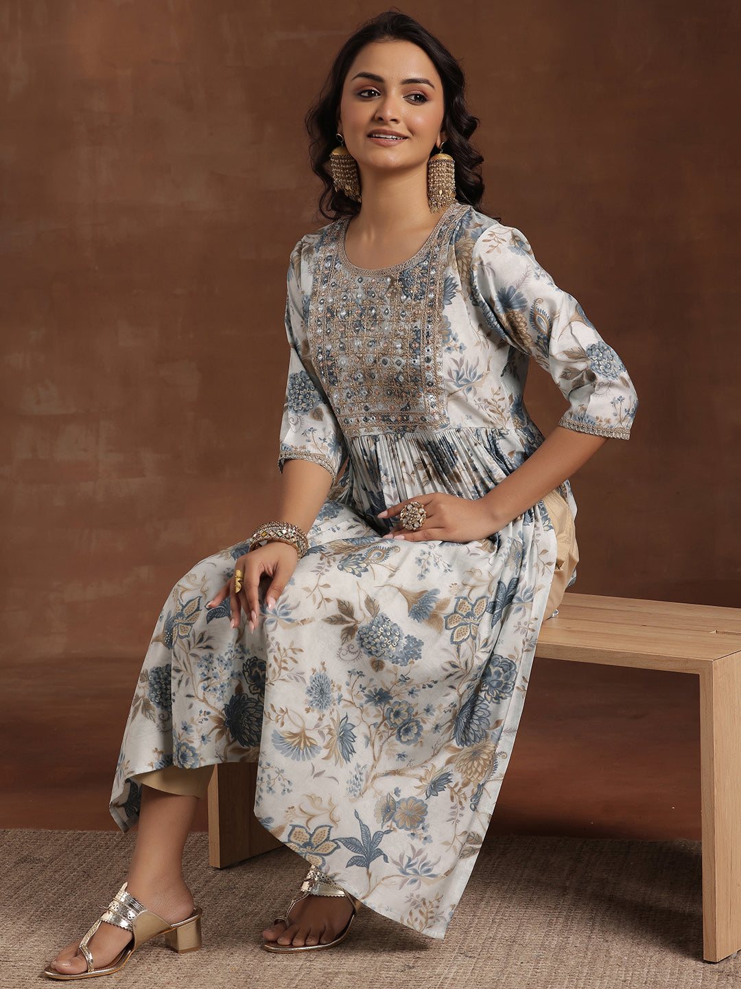  Blue Printed Silk A-Line Kurta 