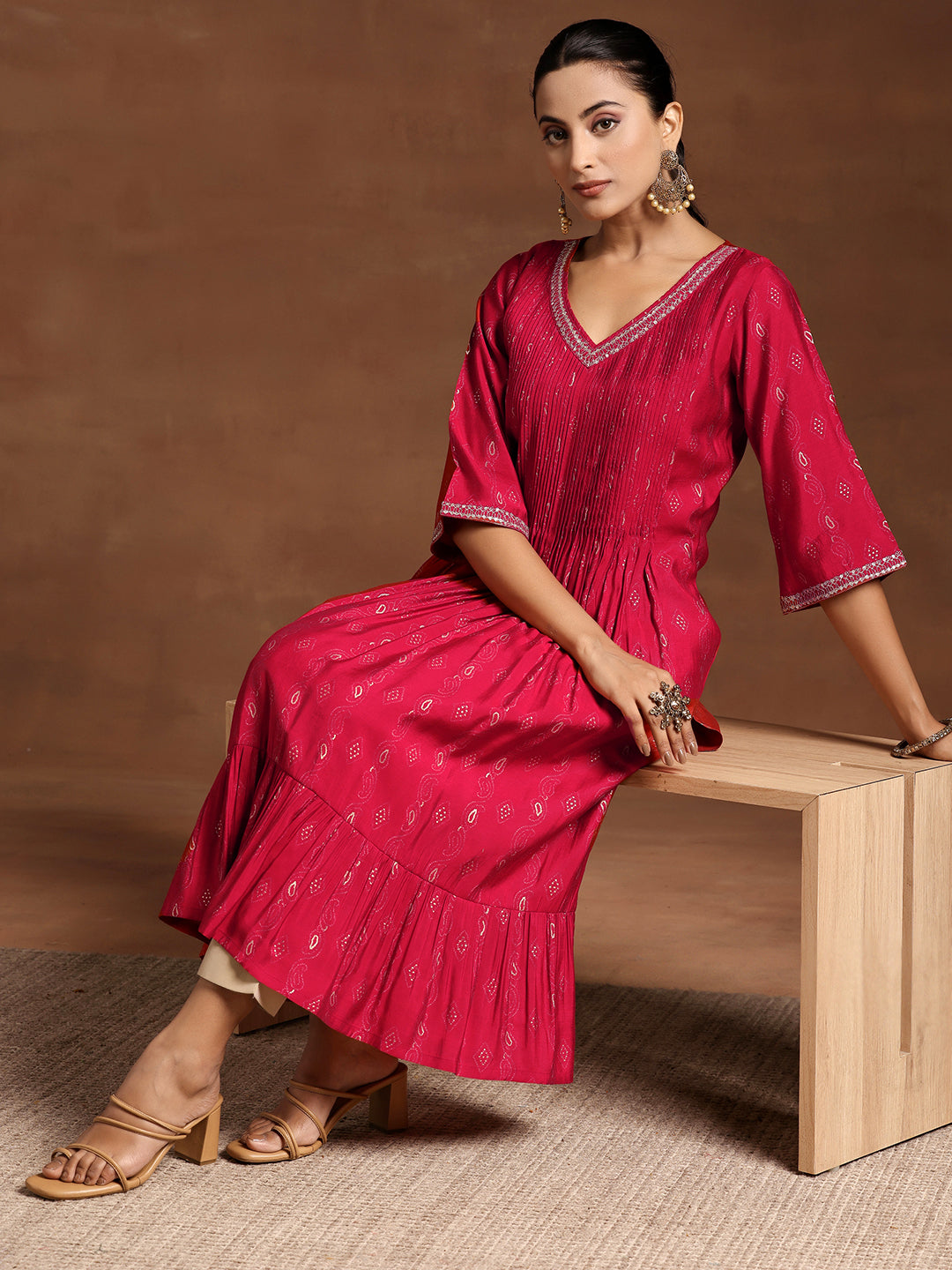  Red Printed Silk A-Line Kurta 