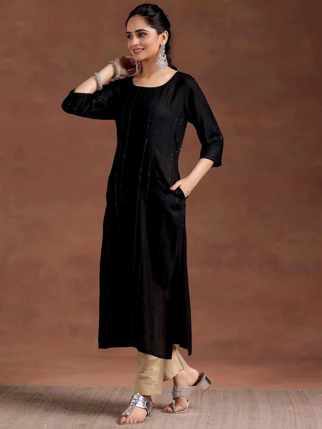  Black Woven Design Rayon Straight Kurta 