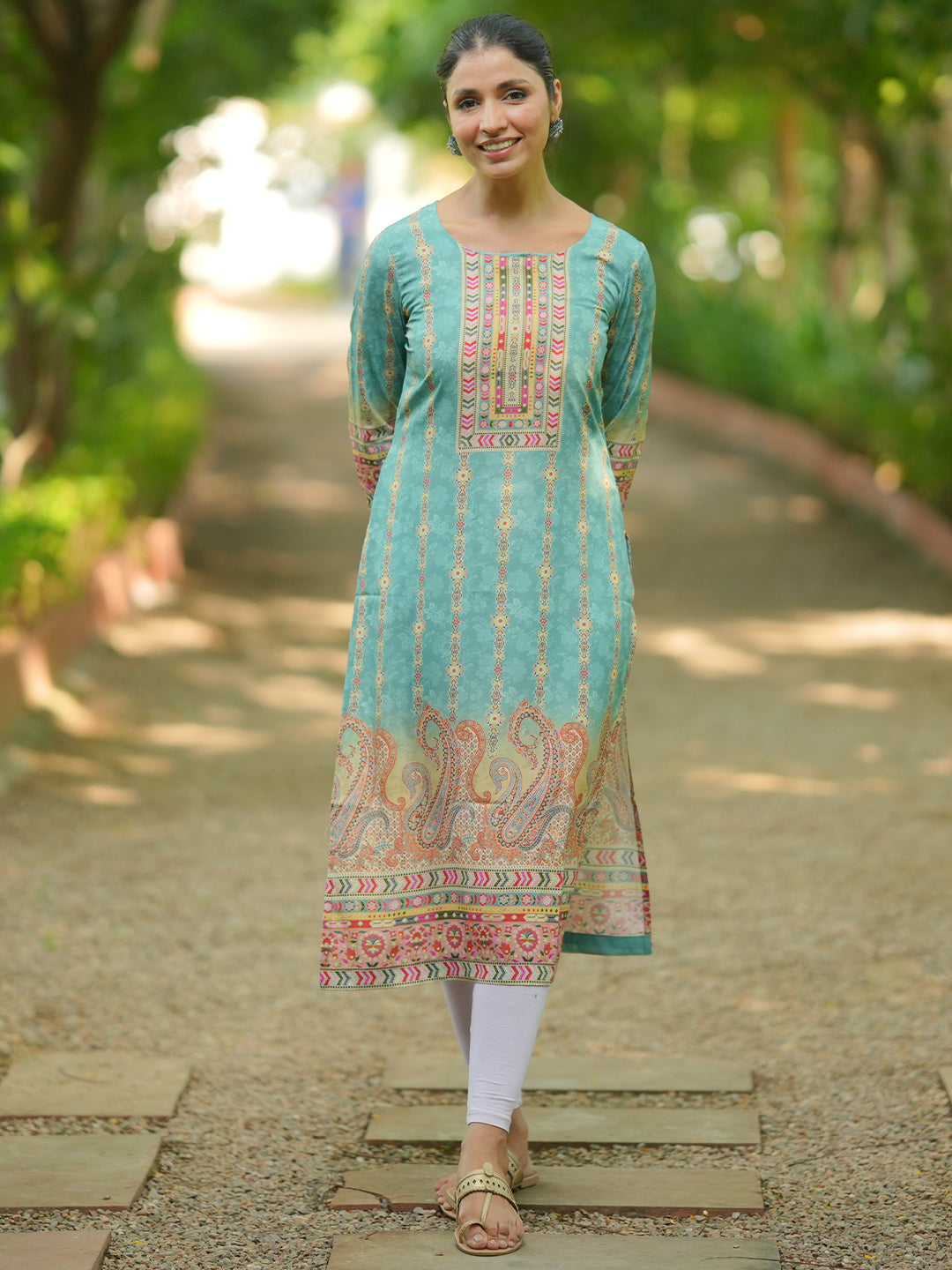  Sky Blue Printed Crepe Straight Kurta 