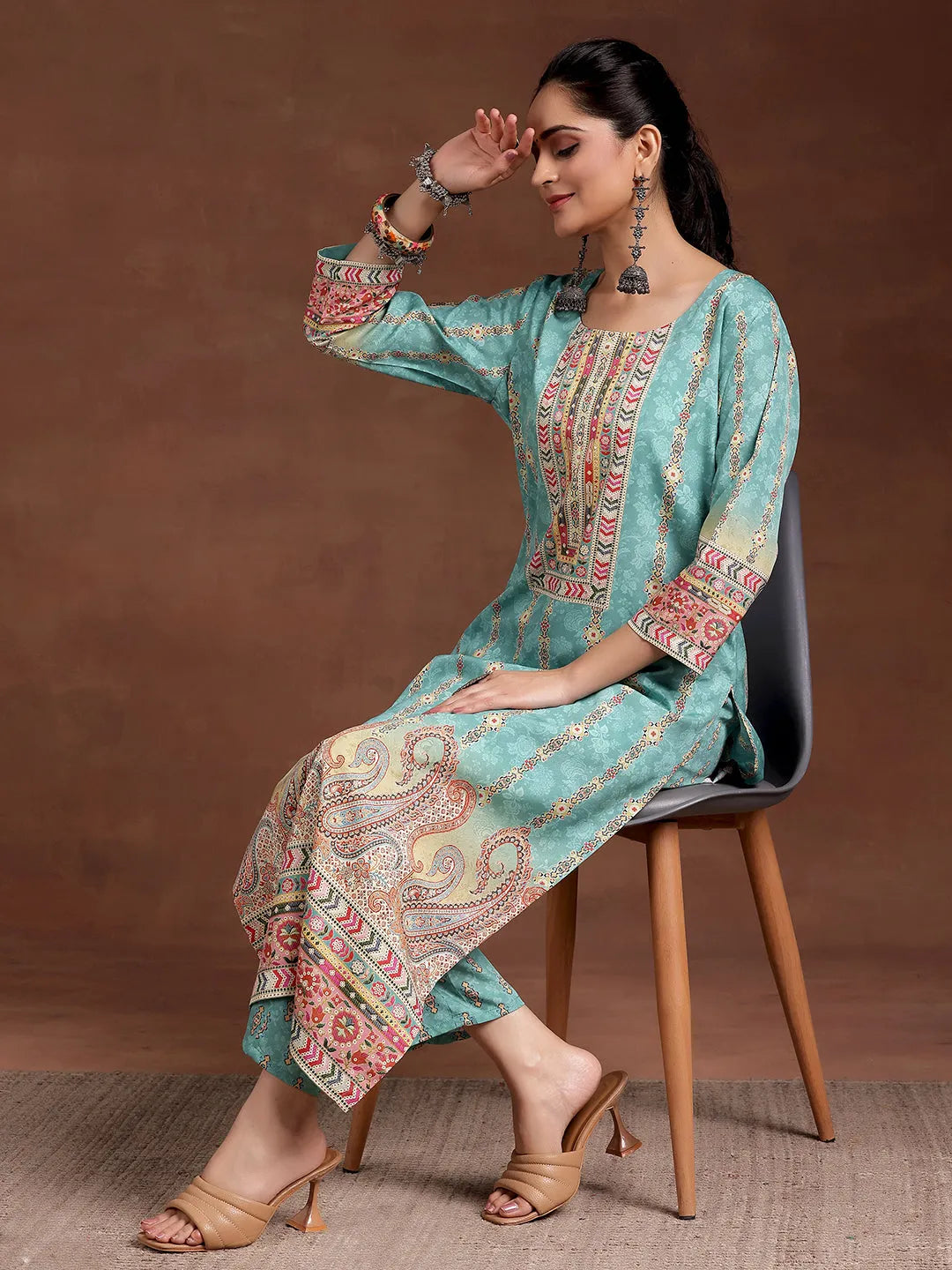  Sky Blue Printed Crepe Straight Kurta 