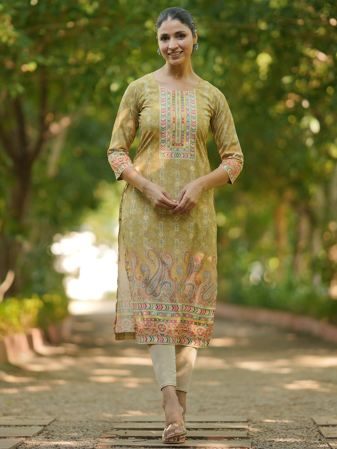 Mustard Printed Crepe Straight Kurta