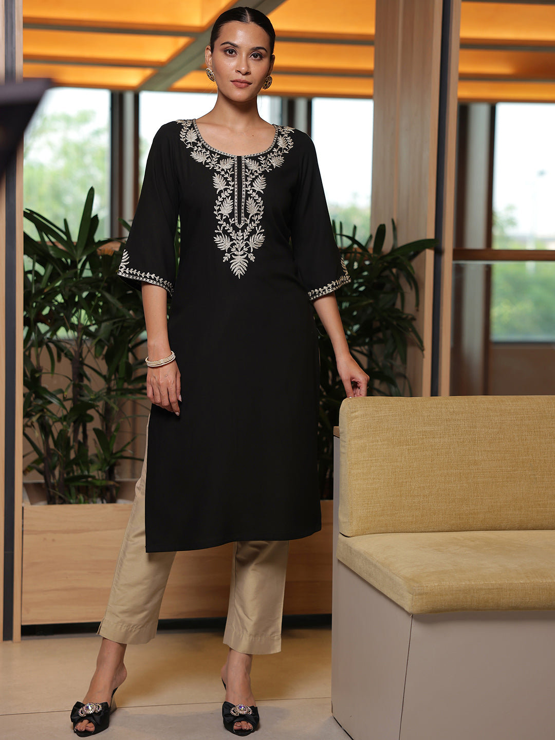 Black Yoke Design Rayon Straight Kurta