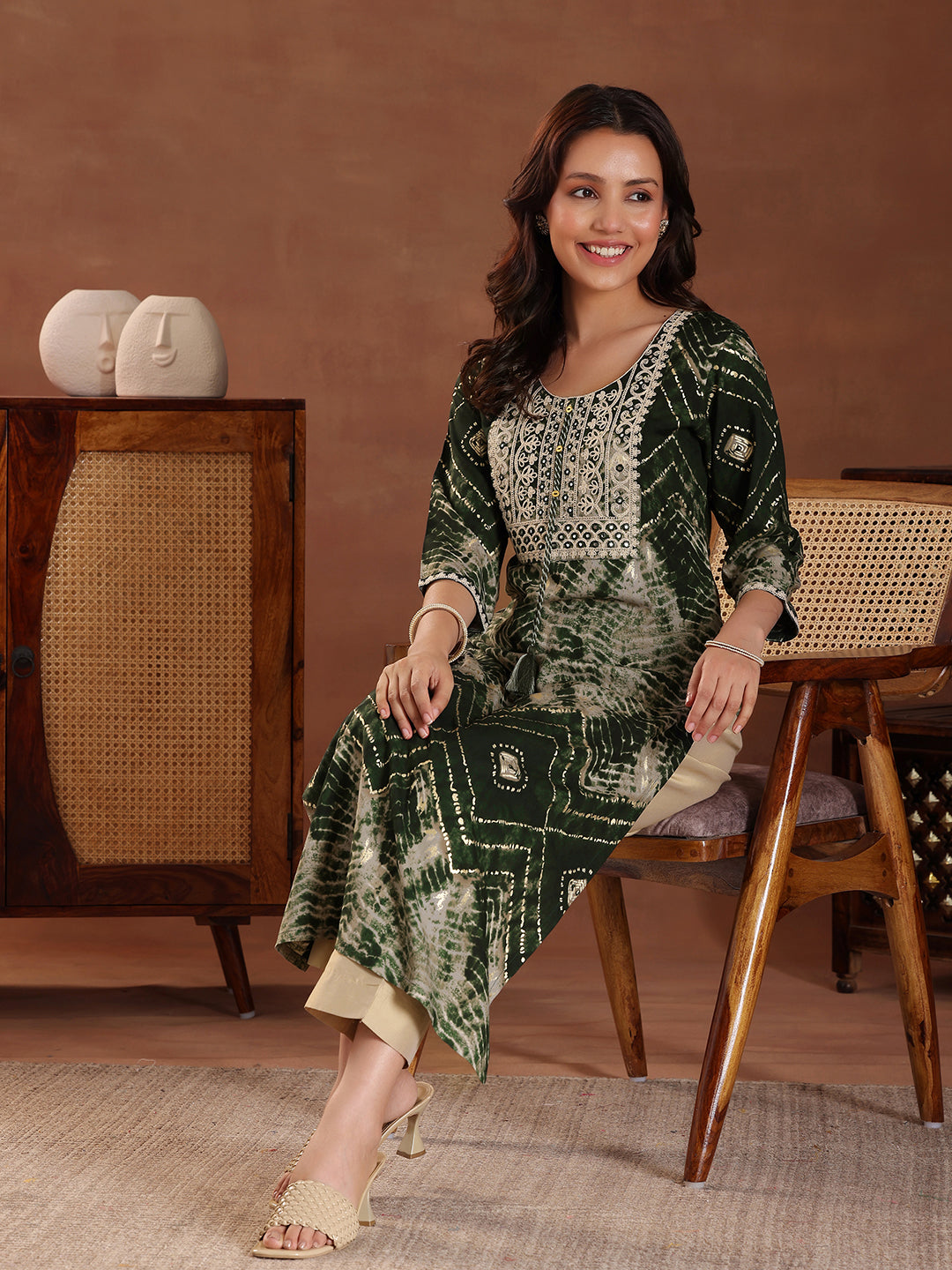 Green Printed Silk Straight Kurta